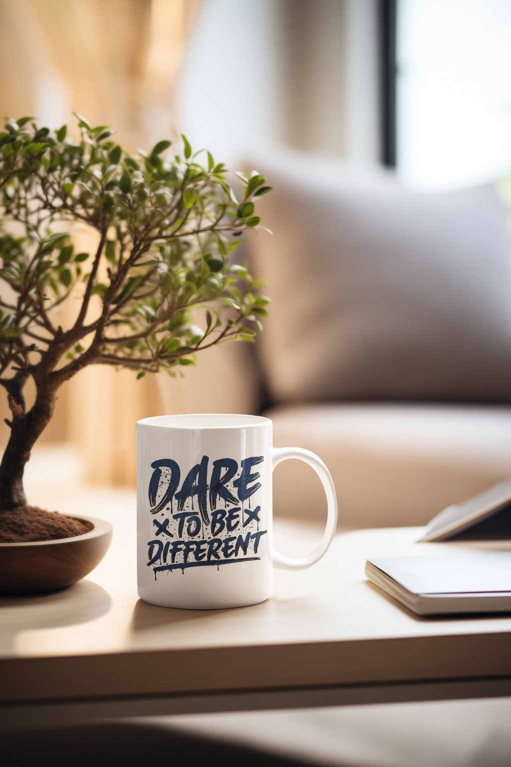 A white ceramic mug with the text 'DARE TO BE DIFFERENT' in dark blue lettering, placed on a light wooden table in a cozy, softly blurred living room setting next to a potted bonsai tree.