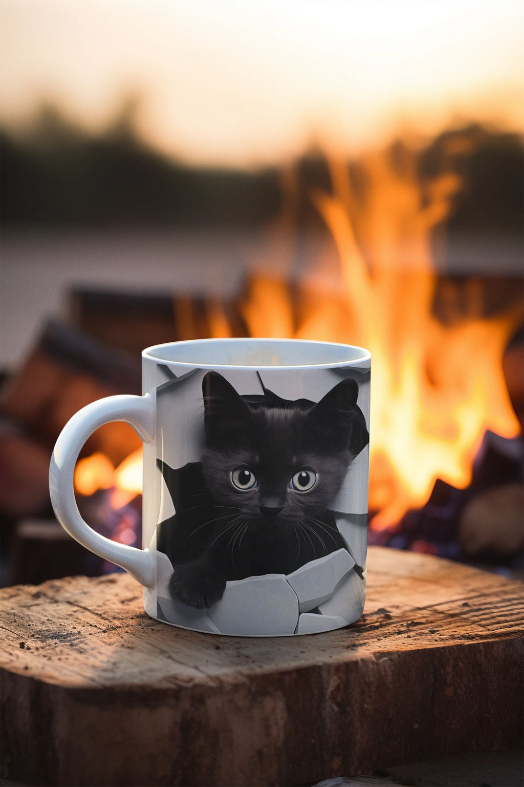 Mug with a black cat design on a wooden stump in front of a fire