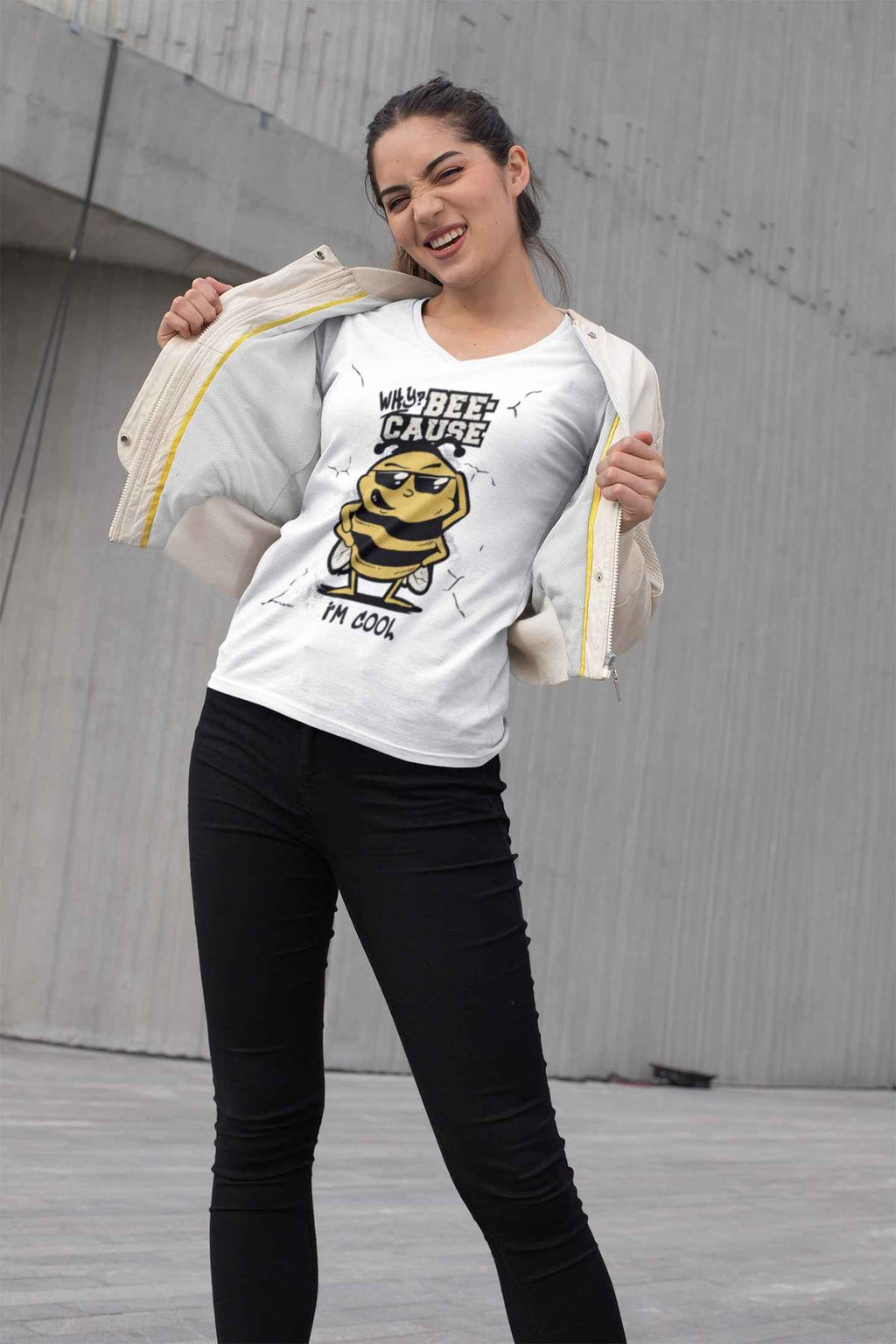 Funny Bee T-Shirt, Why Beecause I'm Cool Design, White Cotton Graphic Tee (US, Alpha, X-Large, Regular, Regular, White)