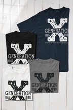 Four t-shirts with 'Generation X' design on a wooden surface