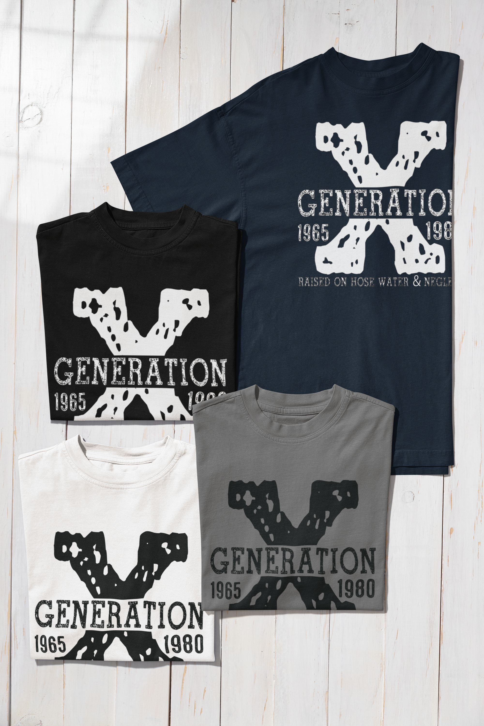 Four t-shirts with 'Generation X' design on a wooden surface