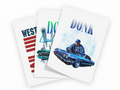 Three overlapping art prints featuring stylized street-style illustrations on a white background. The front print shows the word 'DONK' above a blue car and seated figure, with a light blue smoky background.