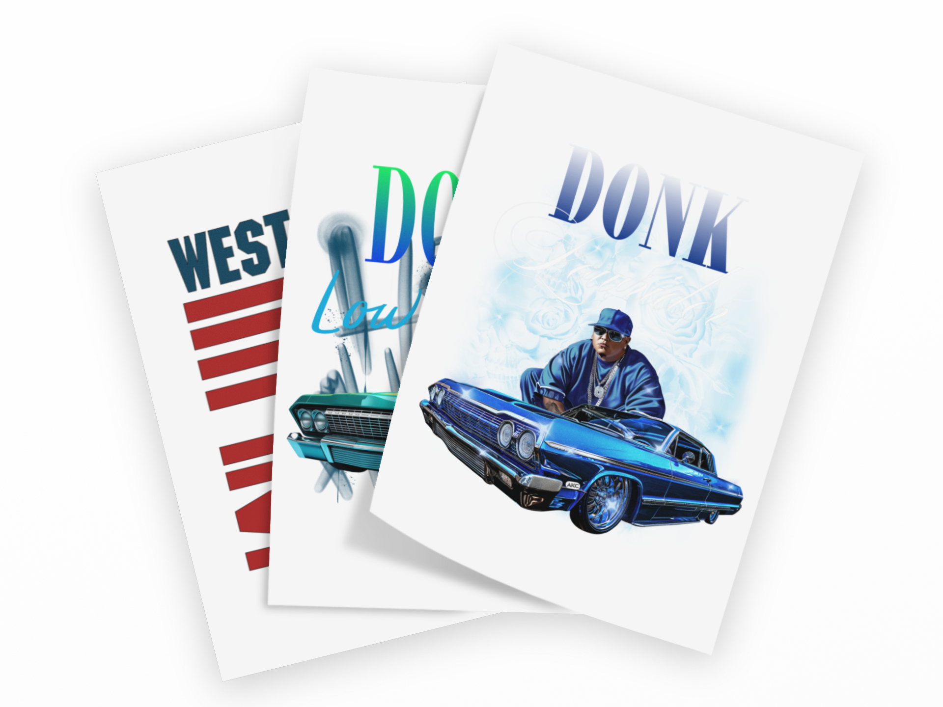Three overlapping art prints featuring stylized street-style illustrations on a white background. The front print shows the word 'DONK' above a blue car and seated figure, with a light blue smoky background.
