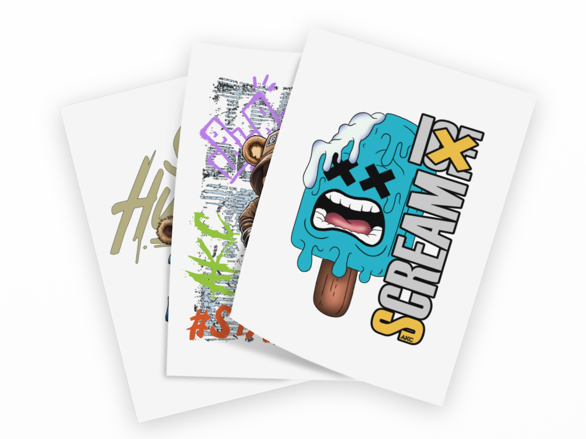 Three overlapping art prints on a white background, featuring streetwear-style graphics including a blue melting popsicle with a distressed face and the text 'SCREAM XX' in yellow and gray.