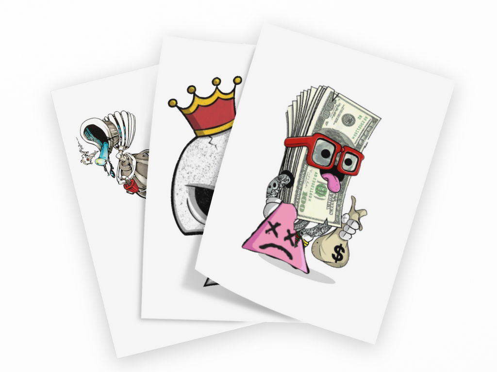 Three illustrated cards or prints fanned out on a white background, each showing a cartoon-style graphic: a crying woman with a veil, a gray skull wearing a red and gold crown, and a money bag character with red glasses holding cash and a pink sad face.