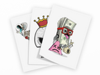 Three illustrated cards or prints fanned out on a white background, each showing a cartoon-style graphic: a crying woman with a veil, a gray skull wearing a red and gold crown, and a money bag character with red glasses holding cash and a pink sad face.