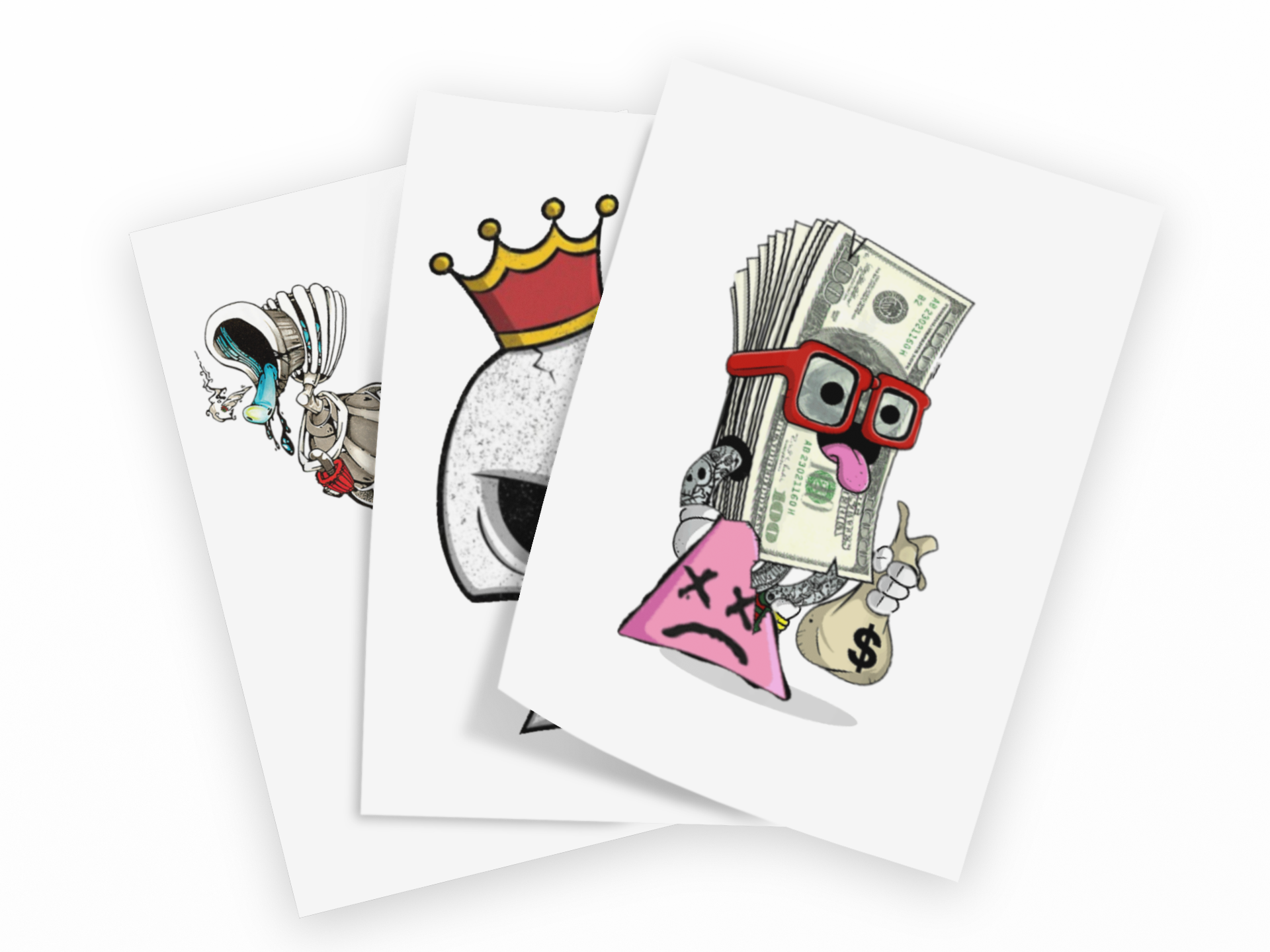 Three illustrated cards or prints fanned out on a white background, each showing a cartoon-style graphic: a crying woman with a veil, a gray skull wearing a red and gold crown, and a money bag character with red glasses holding cash and a pink sad face.