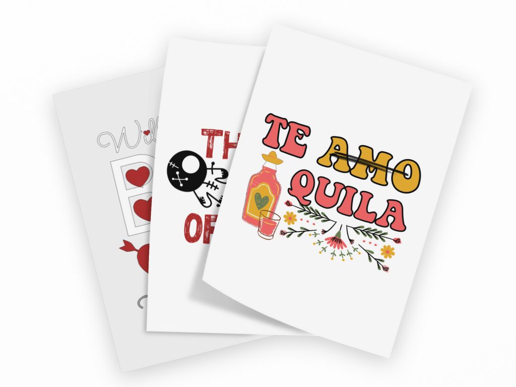 Three overlapping white art prints or cards with colorful graphic designs, including the phrase “TE AMO OQUILA” in red and yellow lettering with a bottle and floral illustration.