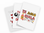 Three overlapping white art prints or cards with colorful graphic designs, including the phrase “TE AMO OQUILA” in red and yellow lettering with a bottle and floral illustration.
