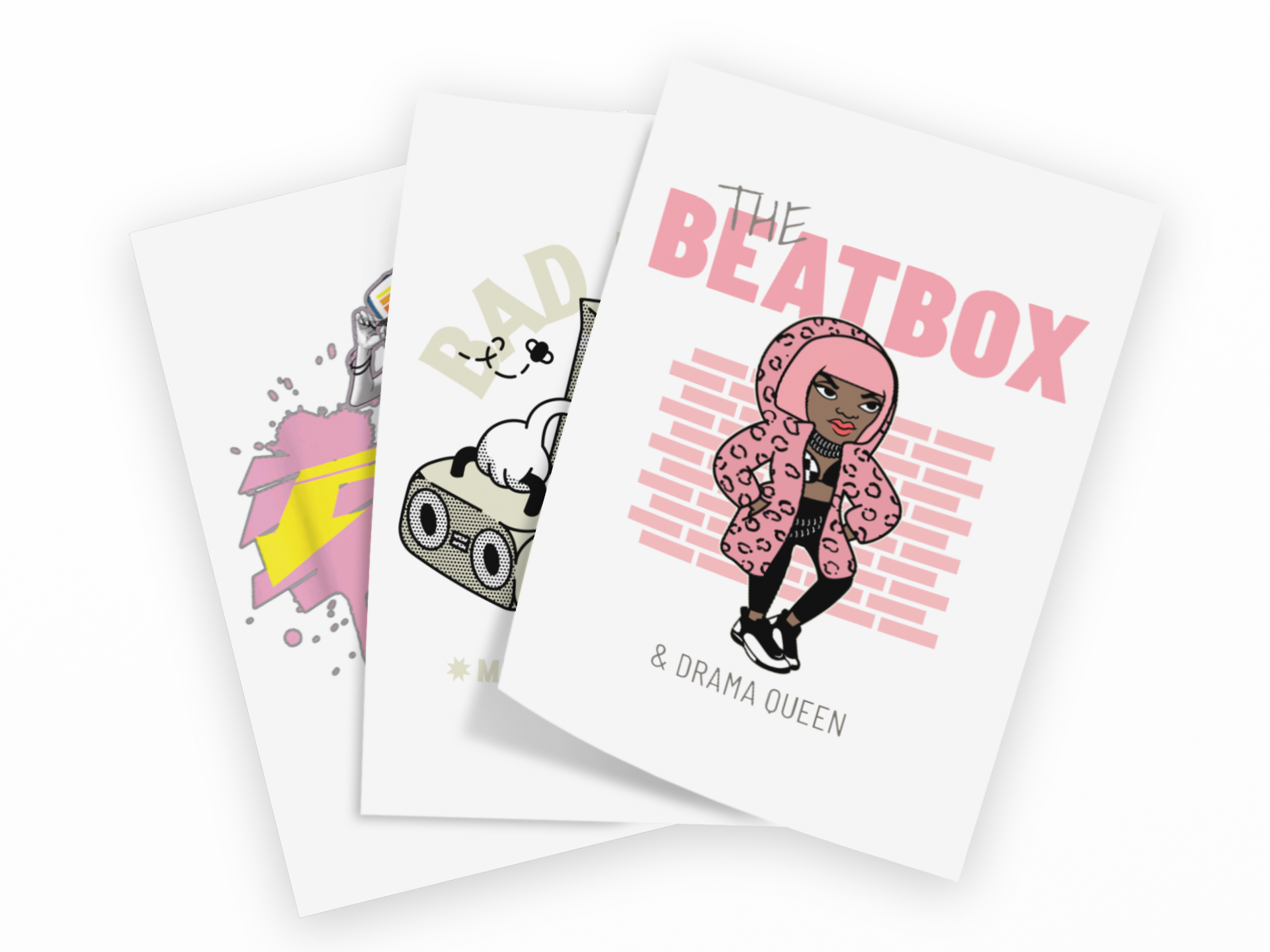 Three illustrated print cards or posters fanned out on a white background. The front card reads 'THE BEATBOX & DRAMA QUEEN' with a cartoon character in a pink leopard-print hoodie and pink brick pattern.