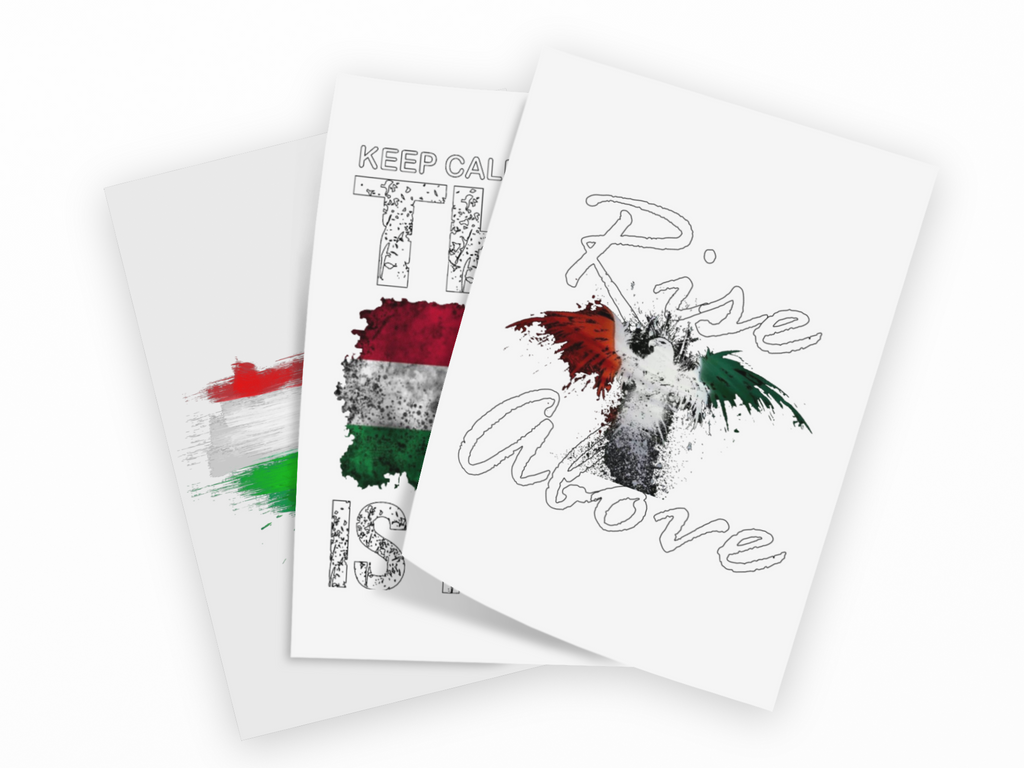 Three overlapping white art prints or cards on a black background, each featuring distressed text and a red, white, and green paint-splatter graphic. The front card reads 'Rise Above' in white script.
