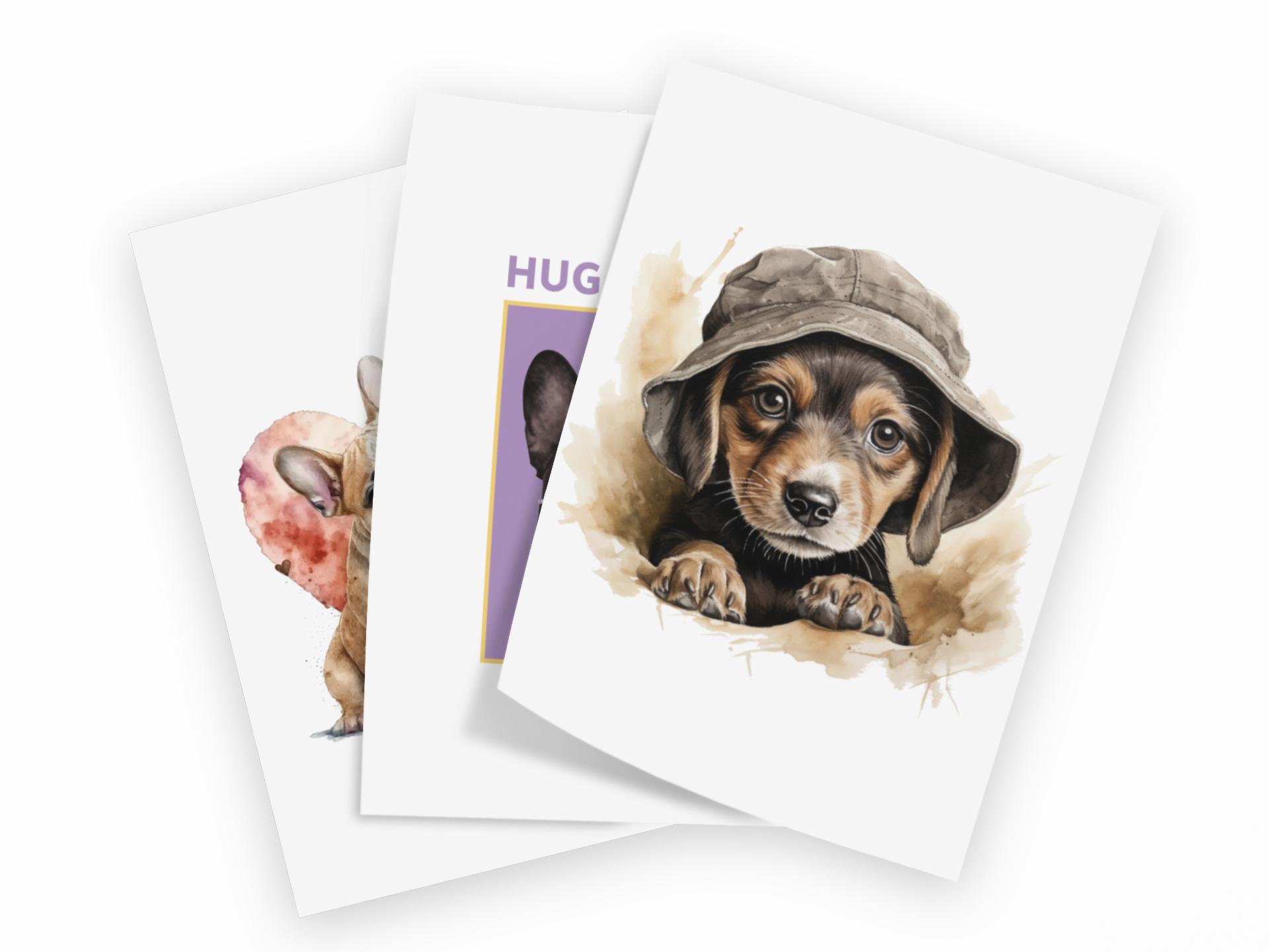 Three overlapping greeting cards on a white background, each featuring a different cute animal illustration: a dachshund puppy wearing a hat, a hamster, and a cat with the word 'HUG' partially visible.