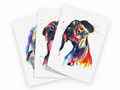 Three watercolor art prints of a dachshund dog in colorful watercolor style, fanned out on a white background.