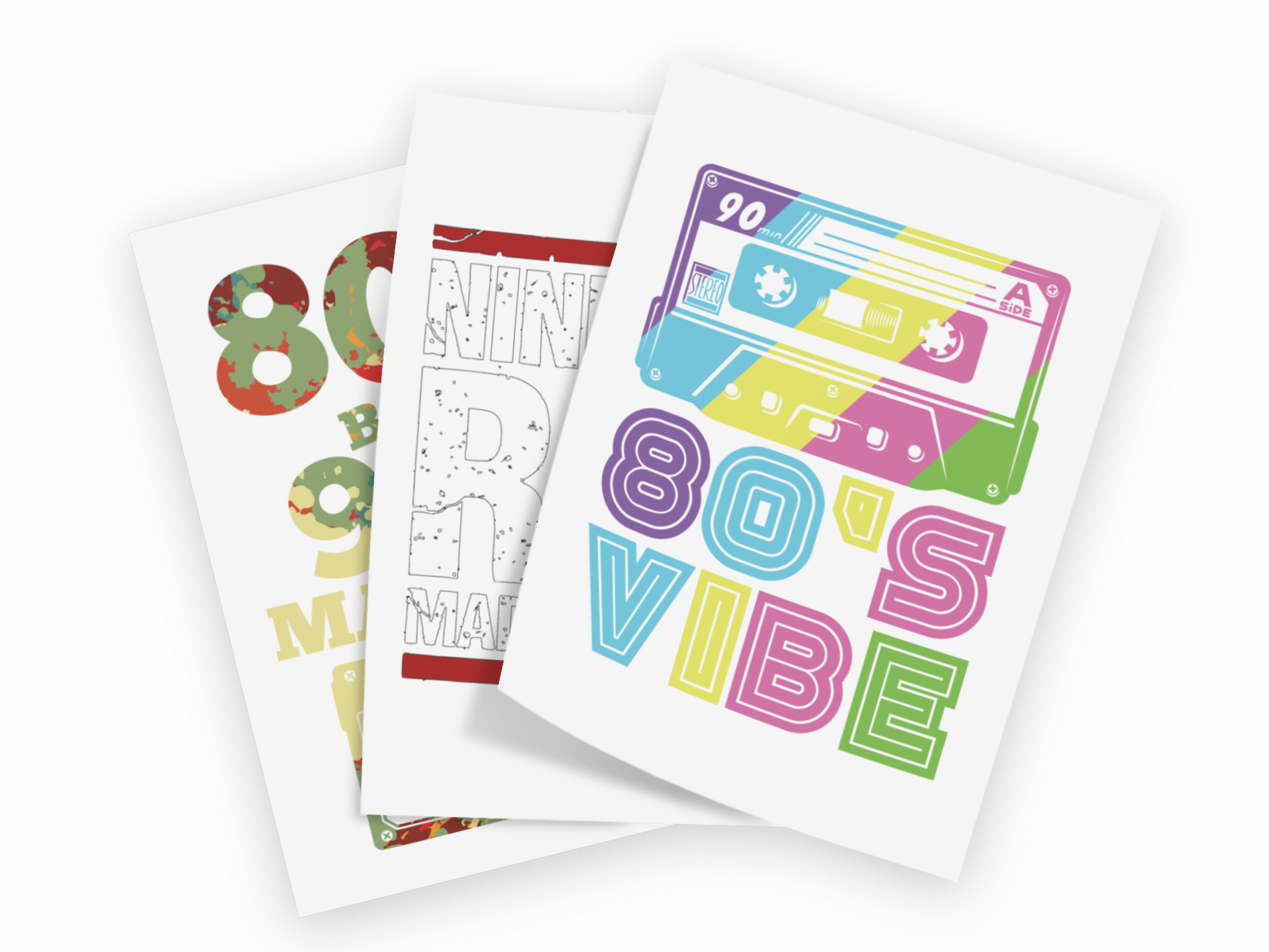 Three overlapping art prints featuring retro 80s-themed designs, including a colorful cassette tape illustration and bold retro text, displayed on a clean white background.