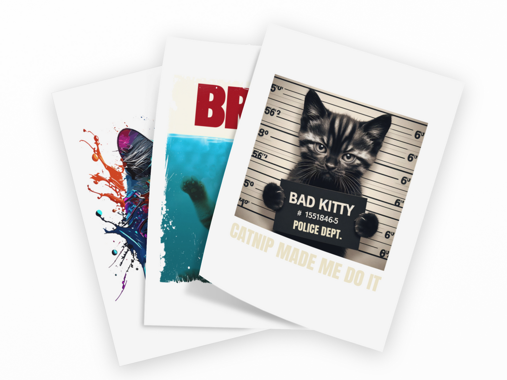 Three overlapping art prints on a white background. The front print shows a tabby kitten in a mugshot holding a sign that reads 'BAD KITTY POLICE DEPT.