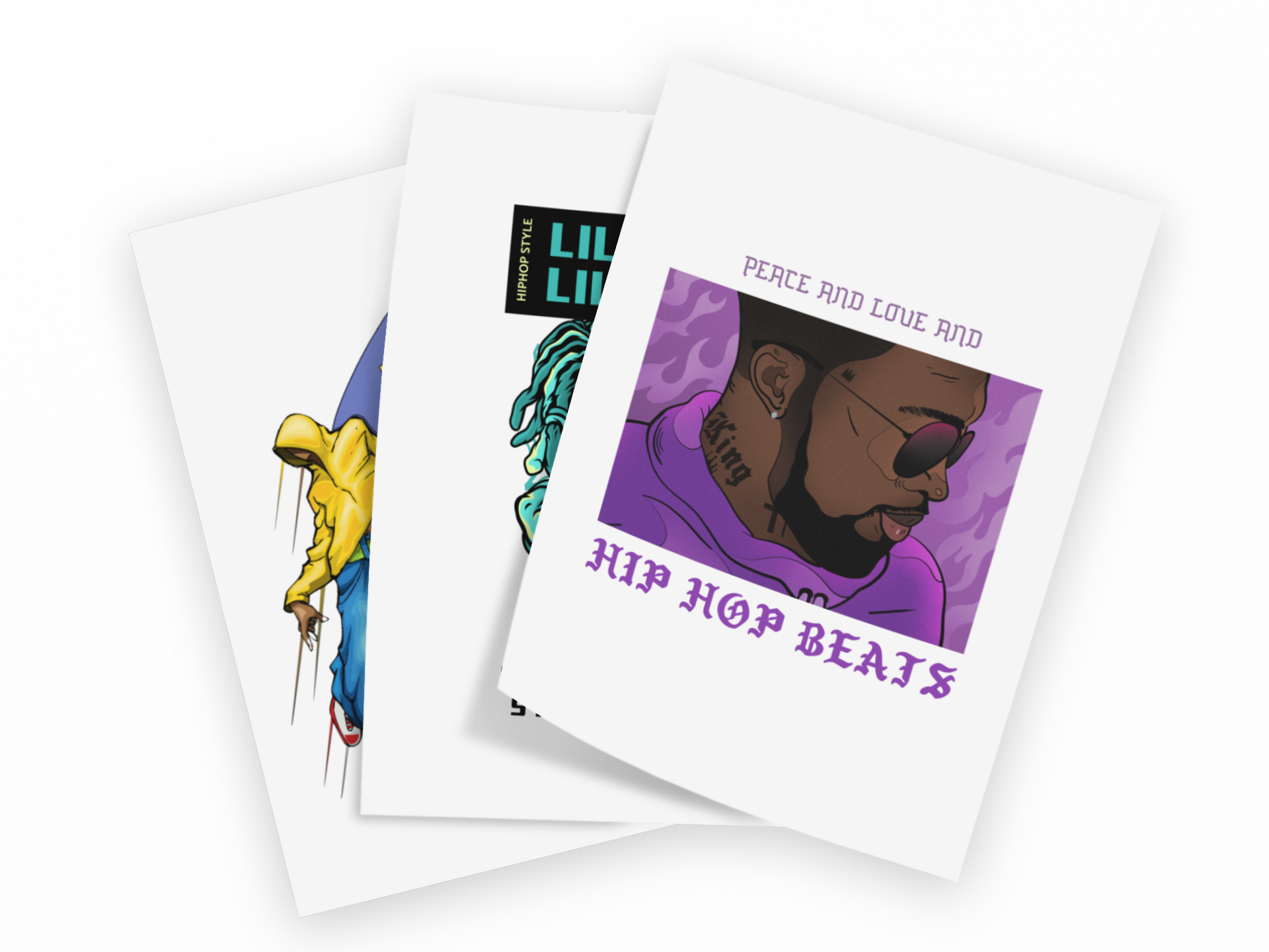 Three overlapping white art prints featuring stylized hip-hop illustrations and text, including 'PEACE AND LOVE AND HIP HOP BEATS' on a purple background.