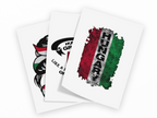 Three overlapping white printed cards or stickers on a black background. The front card shows a distressed vertical Hungary flag design with the word HUNGARY in black text.