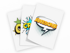 Three white art prints fanned out on a white background, each featuring a comic book style speech bubble graphic with bold text. The front print reads 'AWESOME' in yellow with black outlines and a gray halftone dot pattern.