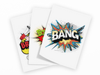 Three overlapping white art prints featuring colorful comic-style explosion graphics with the word 'BANG' in bold comic lettering, shown on a light gray background.