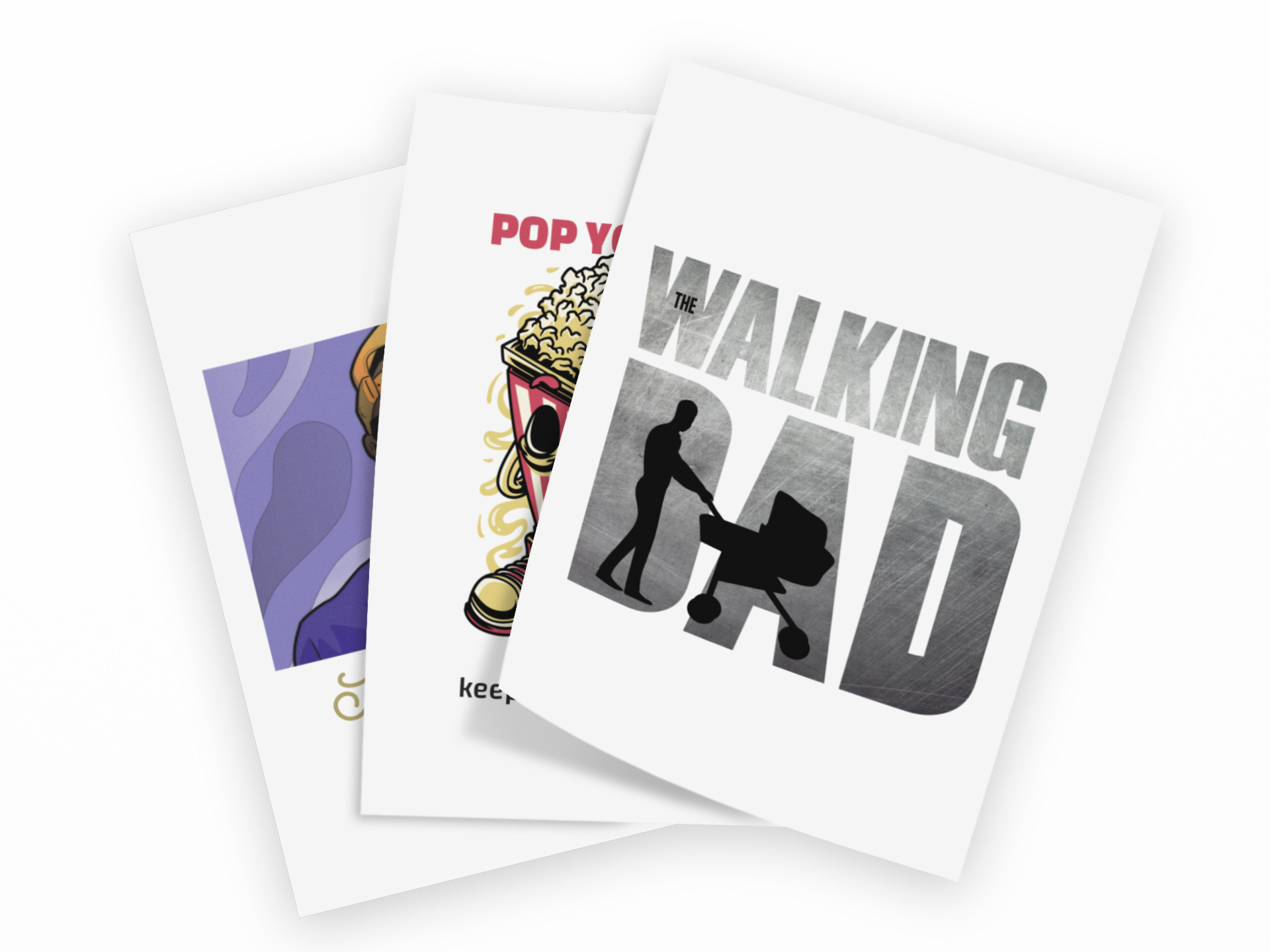 Three overlapping art prints on a white background. The front print features a black silhouette of a person pushing a stroller inside large textured gray letters spelling 'DAD', with the phrase 'THE WALKING' above.