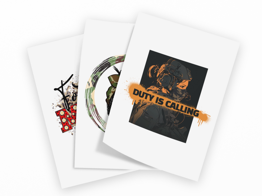 Three overlapping white art prints or cards on a light gray background. The front card shows a dark illustrated soldier portrait with an orange banner reading “DUTY IS CALLING.