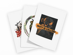 Three overlapping white art prints or cards on a light gray background. The front card shows a dark illustrated soldier portrait with an orange banner reading “DUTY IS CALLING.
