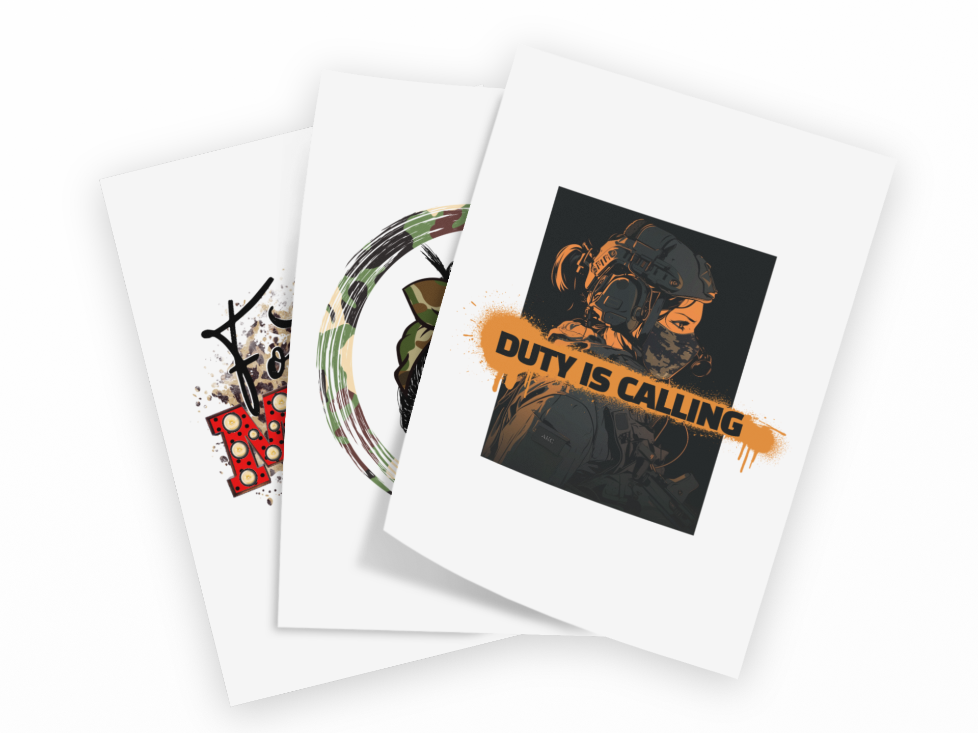 Three overlapping white art prints or cards on a light gray background. The front card shows a dark illustrated soldier portrait with an orange banner reading “DUTY IS CALLING.