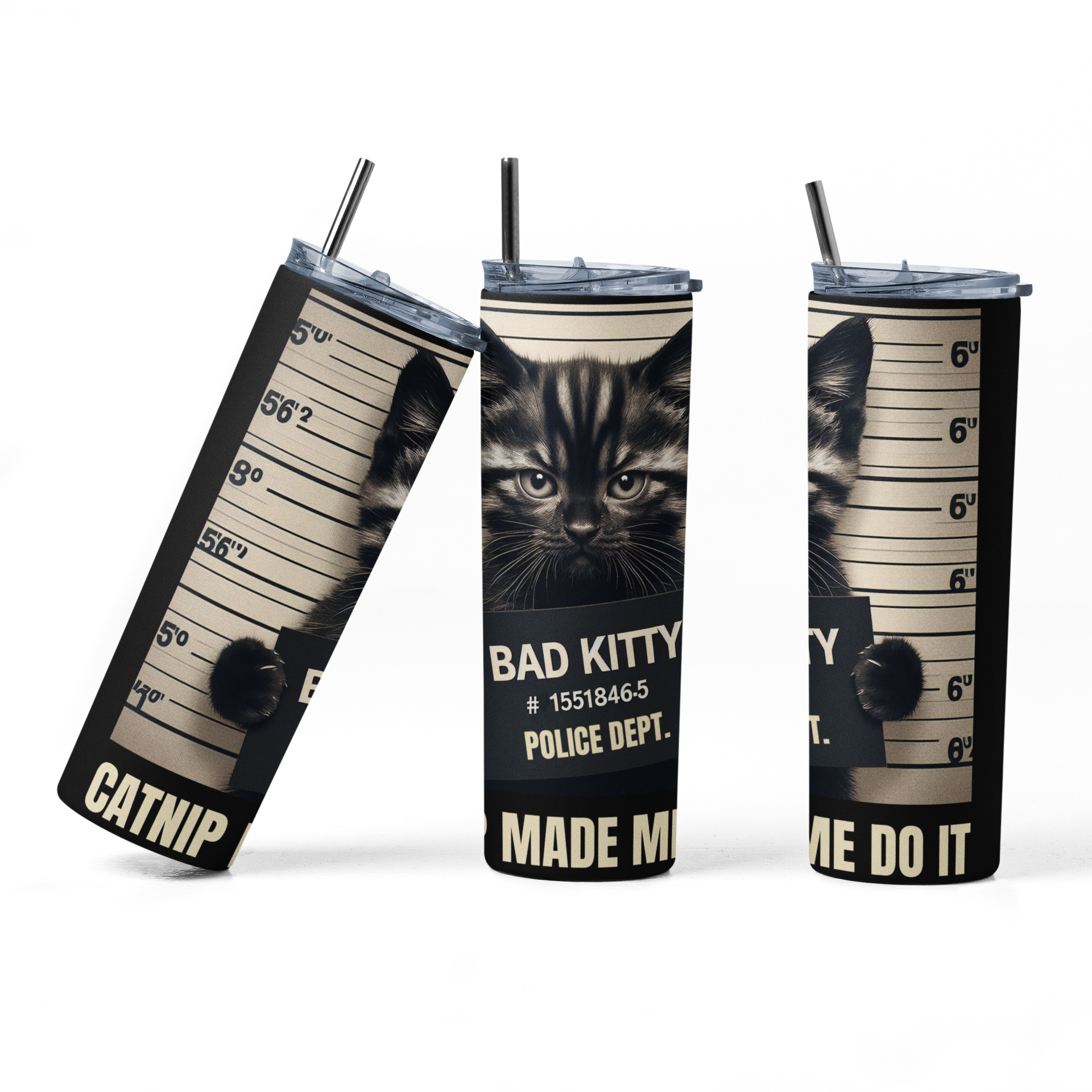 Bad Kitty 20 oz Stainless Steel Tumbler with Police Mugshot Design, Insulated Travel Cup with Lid and Straw