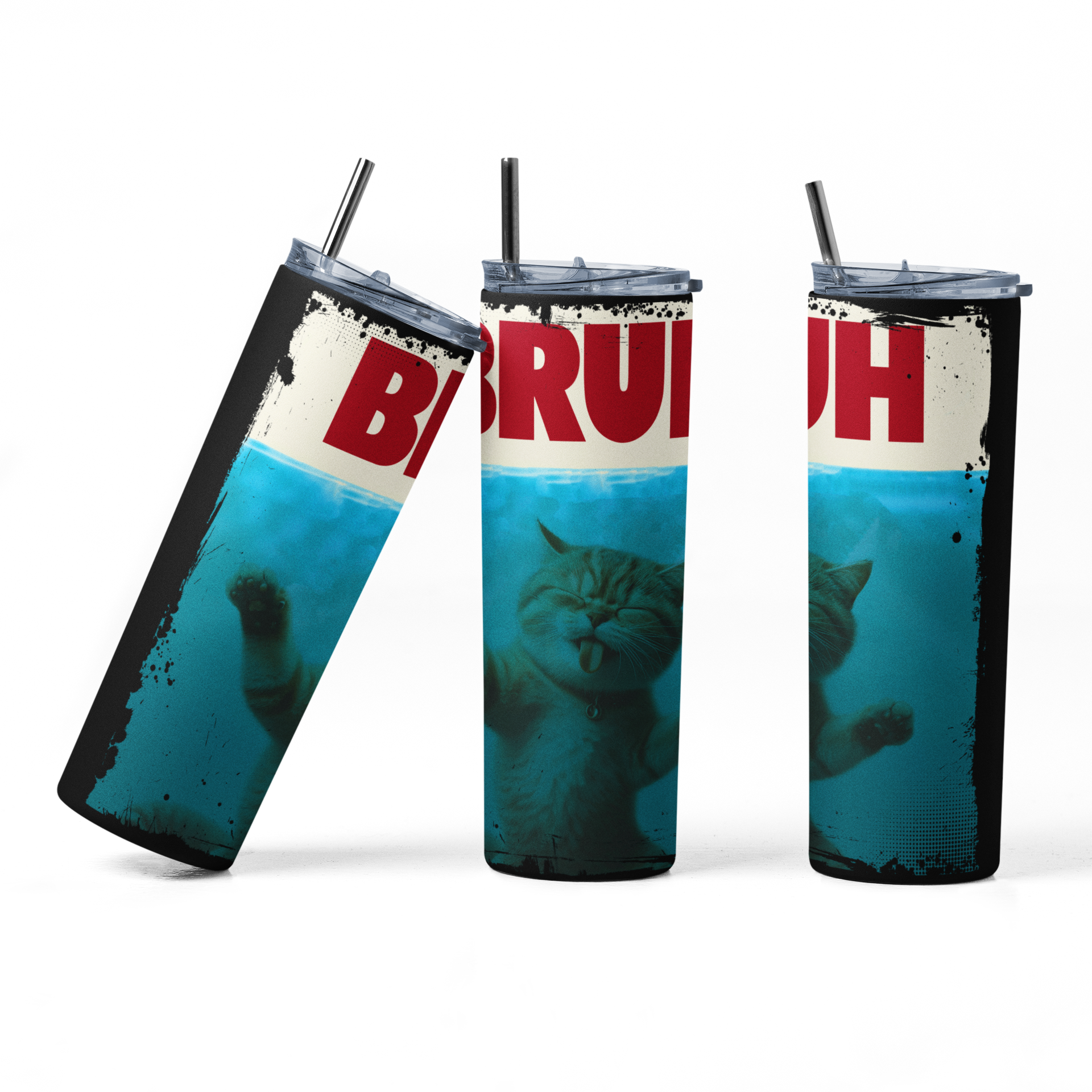 Three tumblers with a cat design and 'BRUH' text on a white background