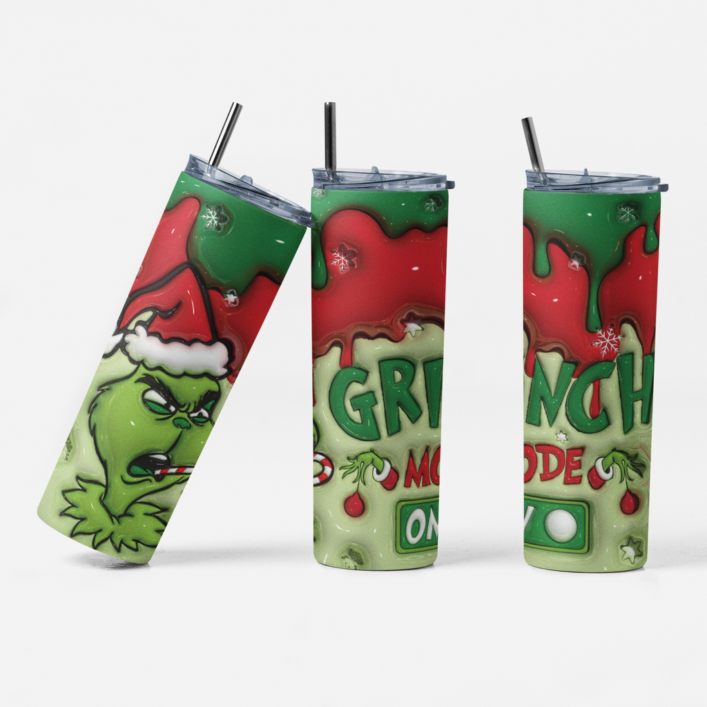 Three views of a 20 oz skinny tumbler featuring a Grinch-themed holiday design with green slime, red Santa hat, and Grinch artwork on a light gray background.