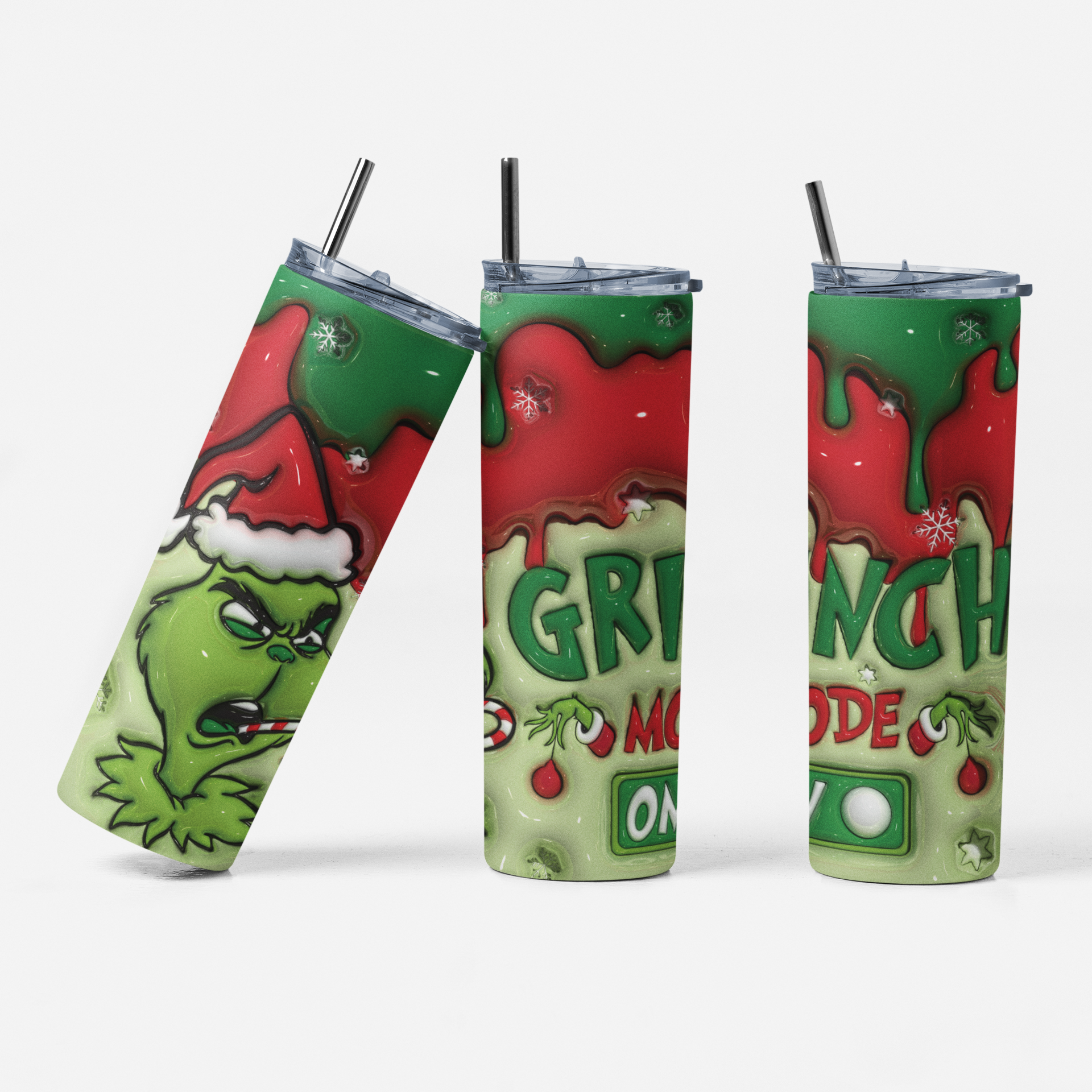 Three views of a 20 oz skinny tumbler featuring a Grinch-themed holiday design with green slime, red Santa hat, and Grinch artwork on a light gray background.