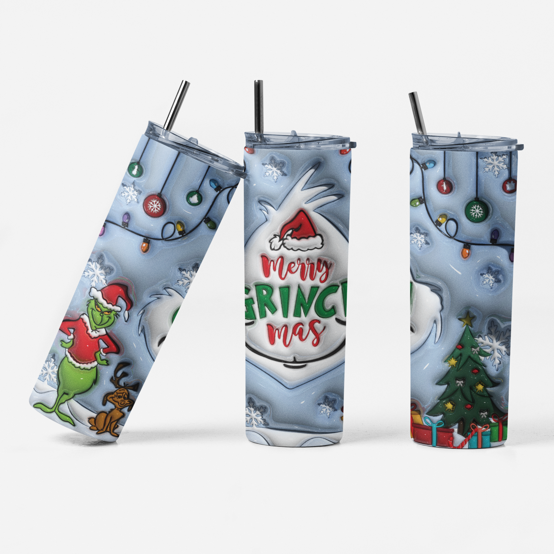 Three views of a skinny tumbler with a Grinch-themed Christmas design, featuring a light blue background with snowflakes, holiday lights, the Grinch, a reindeer, and 'Merry Grinch Mas' text, each with a black straw.