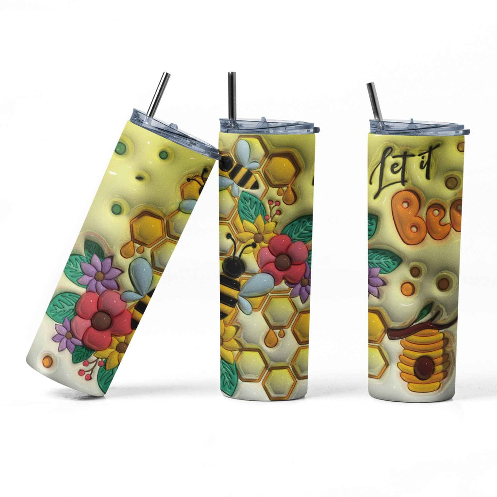Let it Bee Custom Design Tumbler, Stainless Steel, 20 oz, Bee and Honeycomb Theme with Lid and Straw