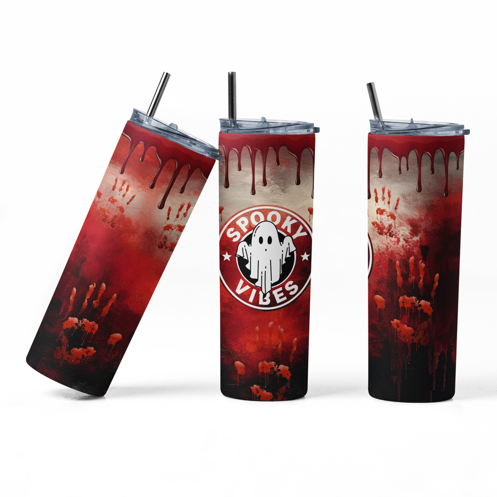 Three views of a tall insulated tumbler with a clear lid and metal straw, printed with a Halloween-style design in red, black, and beige with dripping graphics and a ghost logo reading 'Spooky Vibes'.