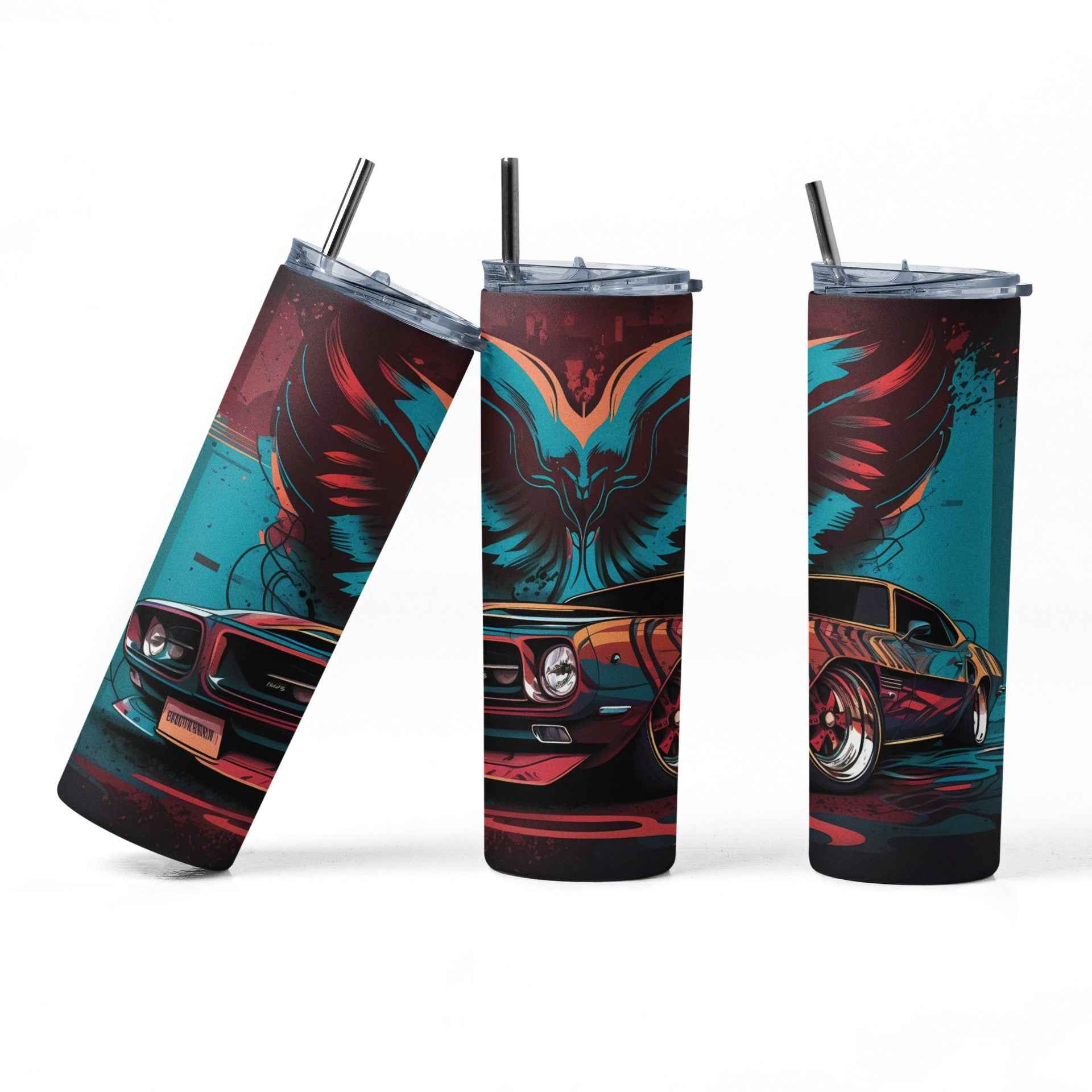 Classic Sport Car Stainless Steel Tumbler with Straw and Lid, 20 oz, Insulated Travel Cup with Vintage Muscle Car Design