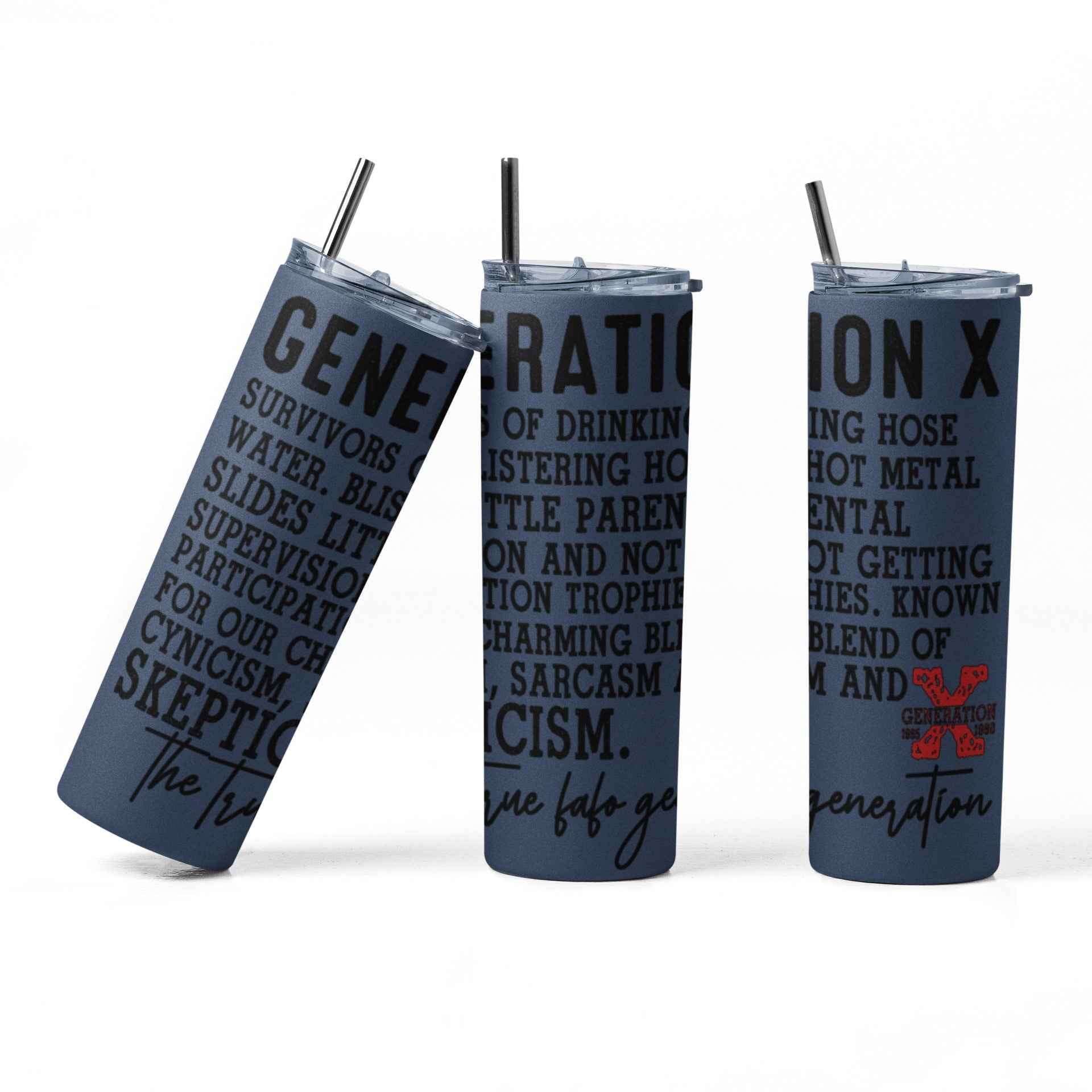 Generation X Stainless Steel Tumbler, 20 oz, Navy Blue with Text Design