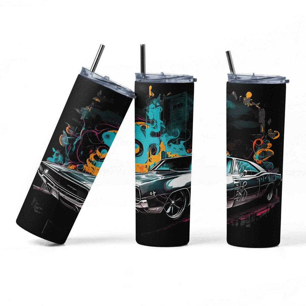 Classic Sport Car Stainless Steel Tumbler with Straw and Lid, 20 oz, Insulated Travel Cup with Vintage Muscle Car Design