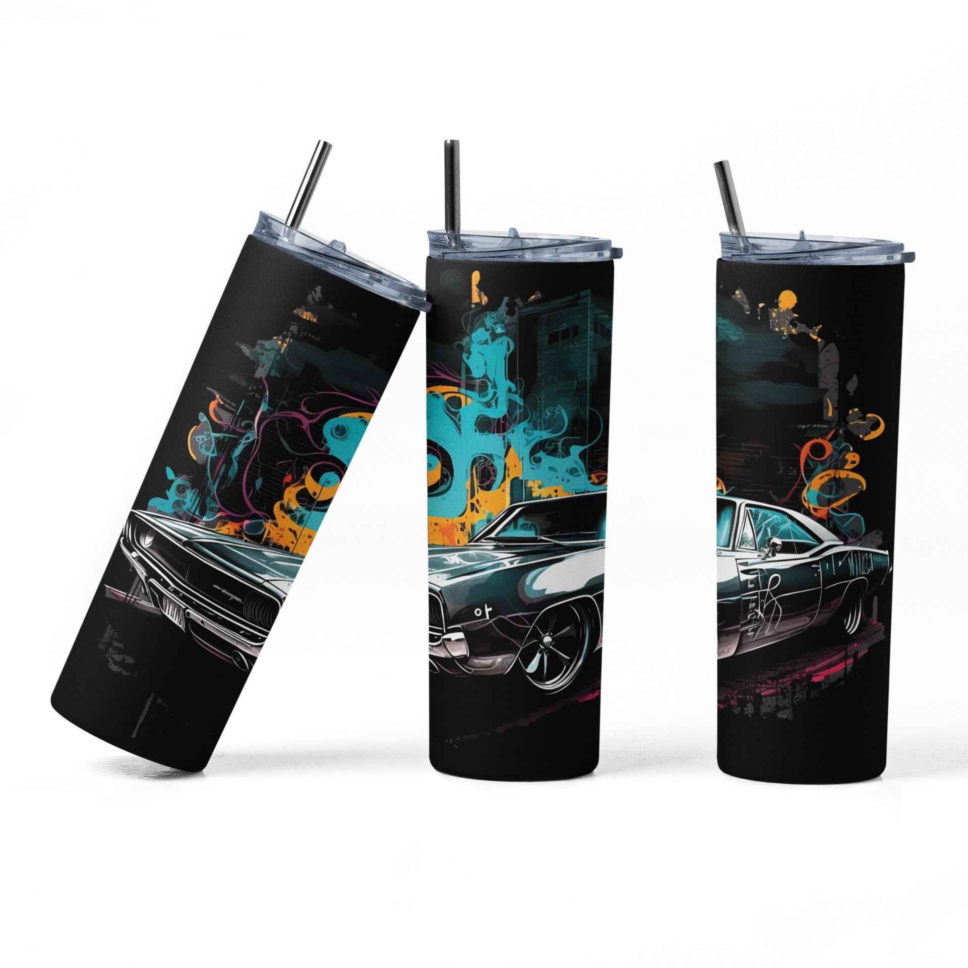 Classic Sport Car Stainless Steel Tumbler with Straw and Lid, 20 oz, Insulated Travel Cup with Vintage Muscle Car Design