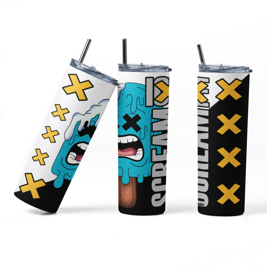 Three insulated tumblers with cartoon character designs and text on a white background