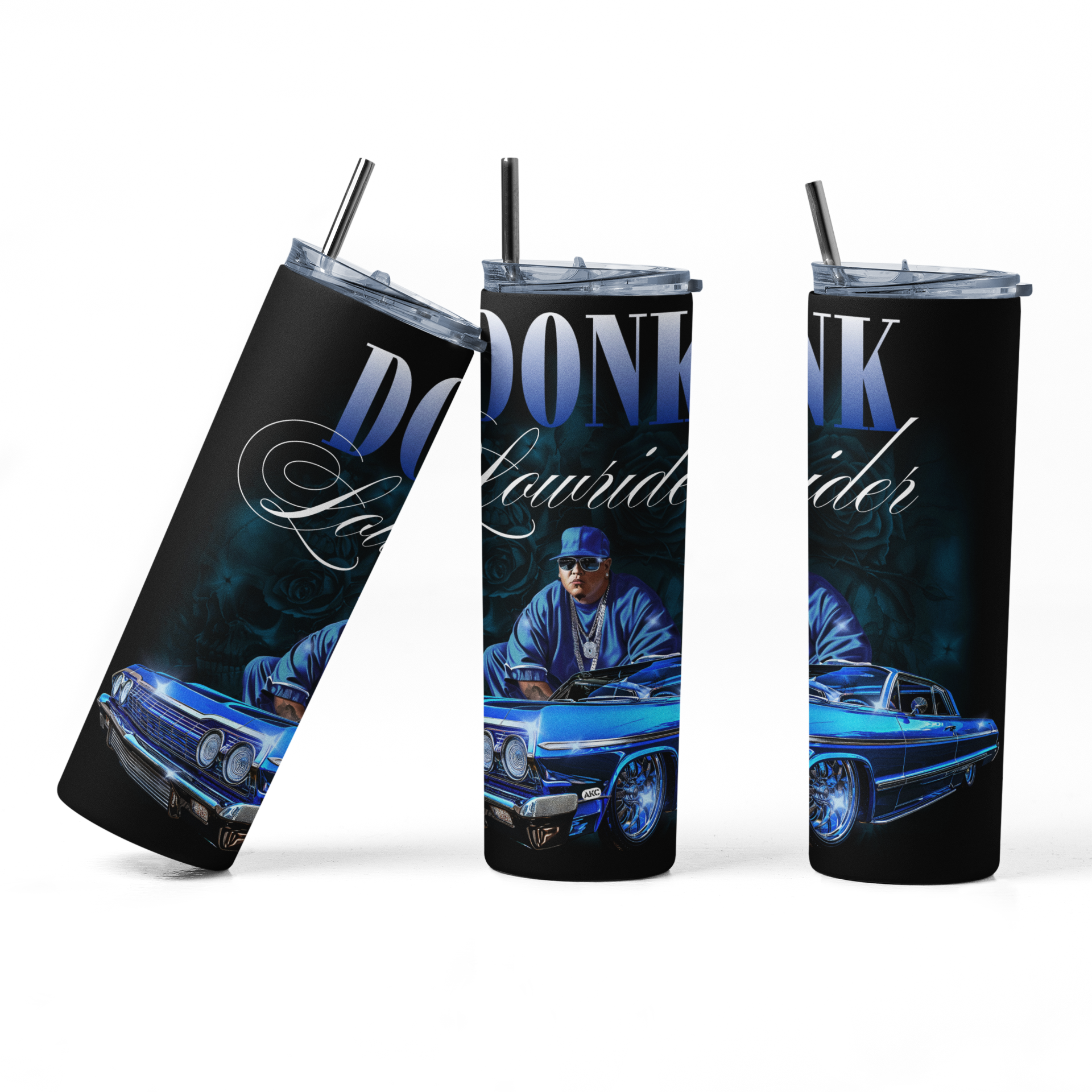 Three black tumblers with a blue car and person design on a white background