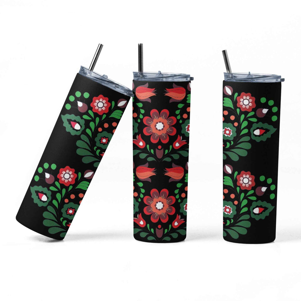 Floral Folk Art Insulated Tumbler, 20 oz, Black with Red Flowers, Stainless Steel
