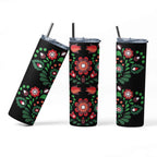 Floral Folk Art Insulated Tumbler, 20 oz, Black with Red Flowers, Stainless Steel