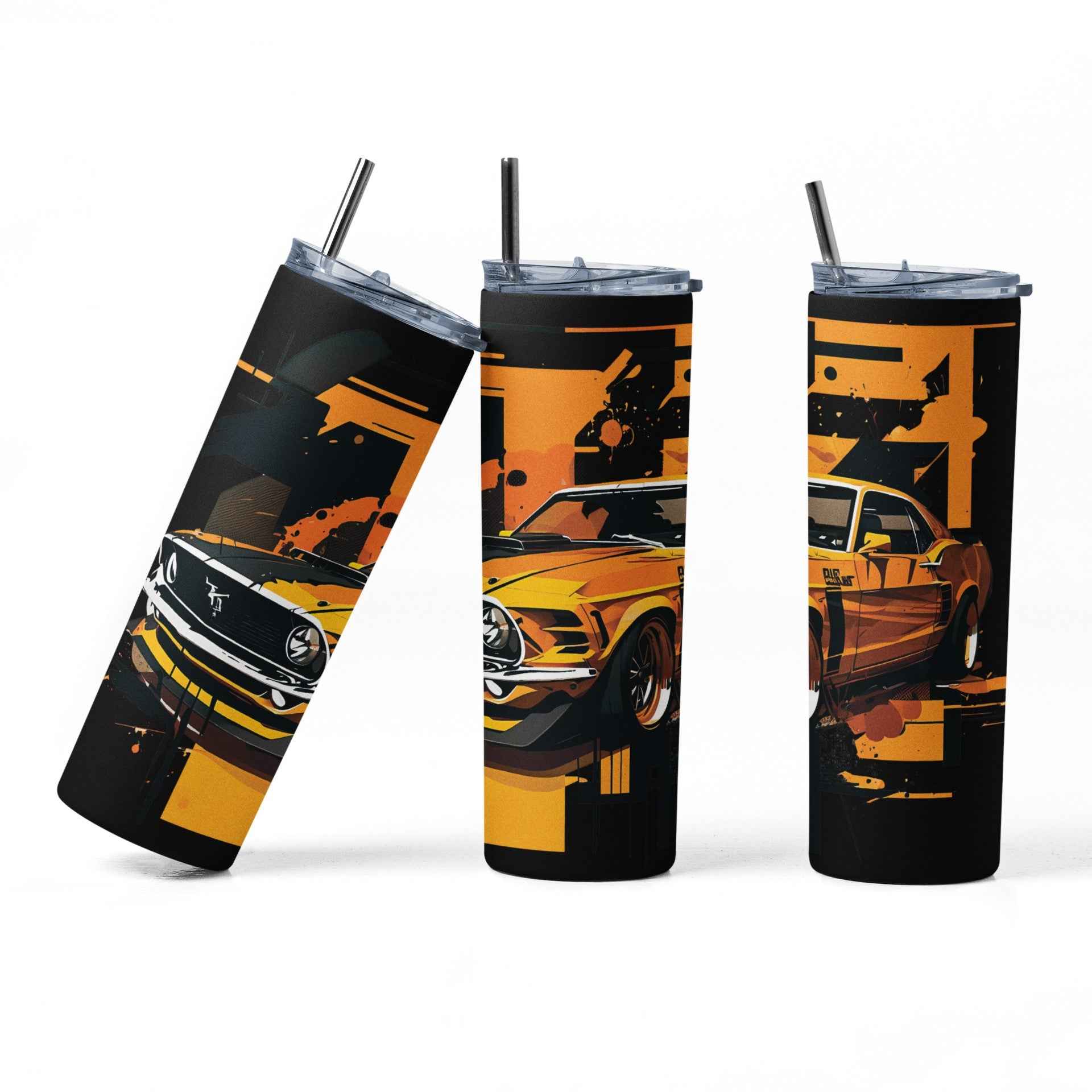 Classic Sport Car Stainless Steel Tumbler with Straw and Lid, 20 oz, Insulated Travel Cup with Vintage Muscle Car Design