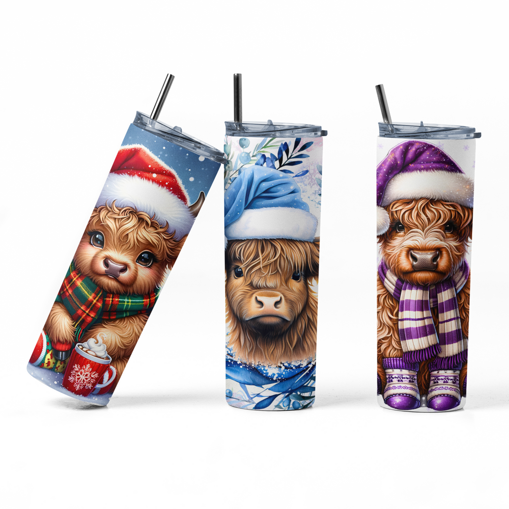 Christmas Highland Cow Sublimation Transfers 20 oz Straight Tumbler Wraps Set of 3 Ready to Press