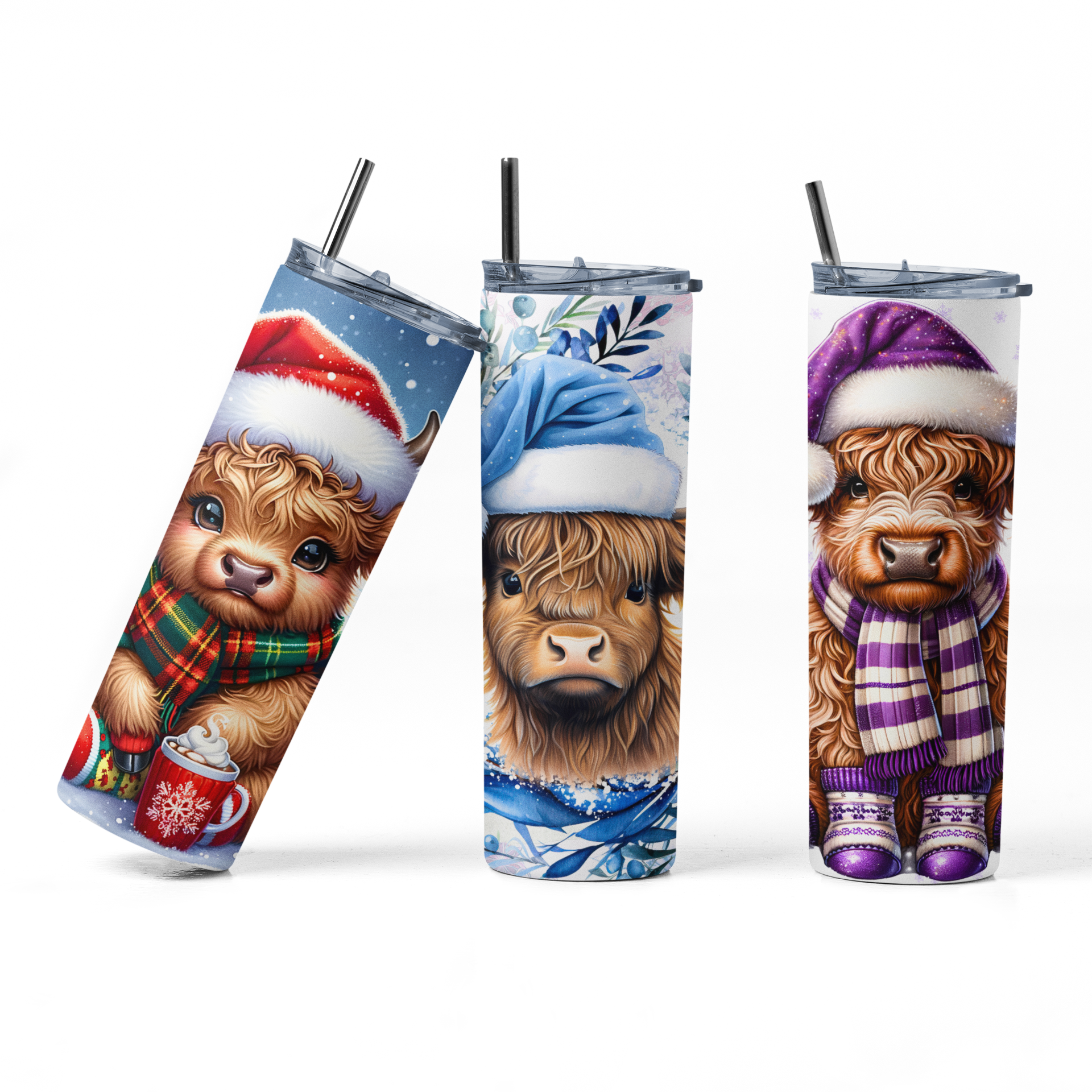 Christmas Highland Cow Sublimation Transfers 20 oz Straight Tumbler Wraps Set of 3 Ready to Press