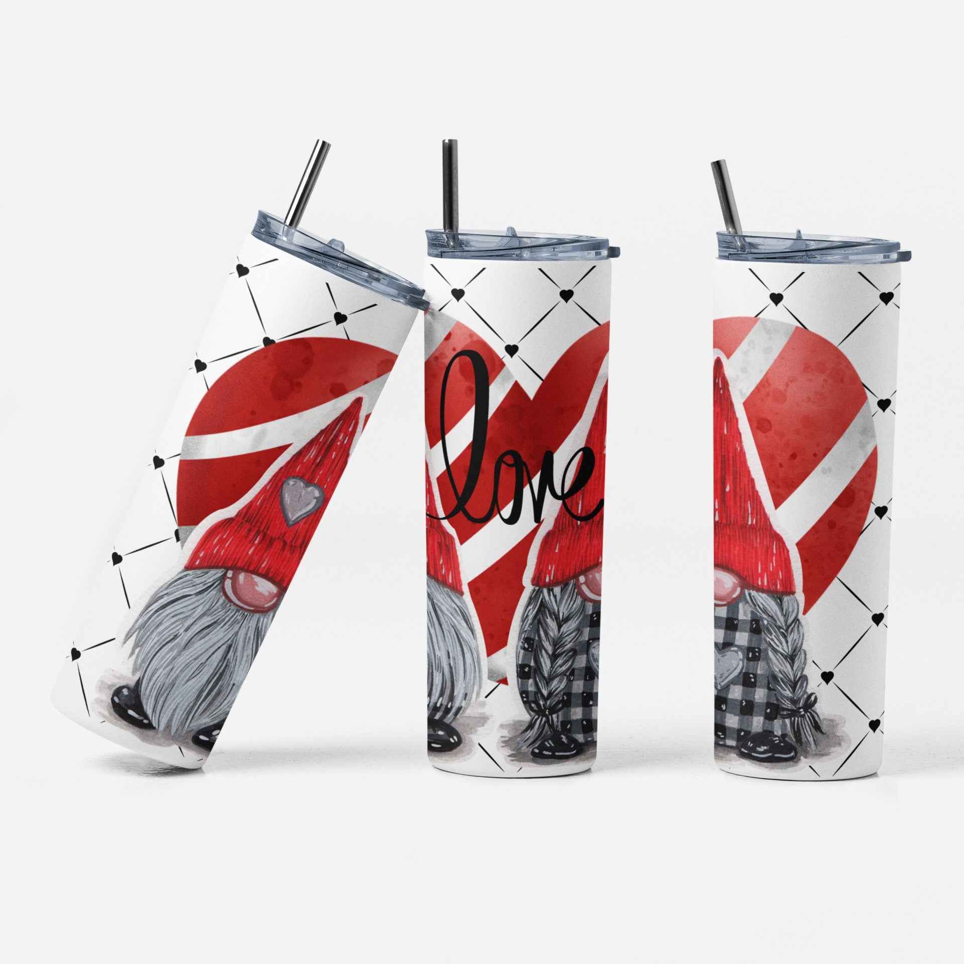 Valentine Gnome Stainless Steel Tumbler with Straw, Red Design, 20 oz Insulated Travel Cup