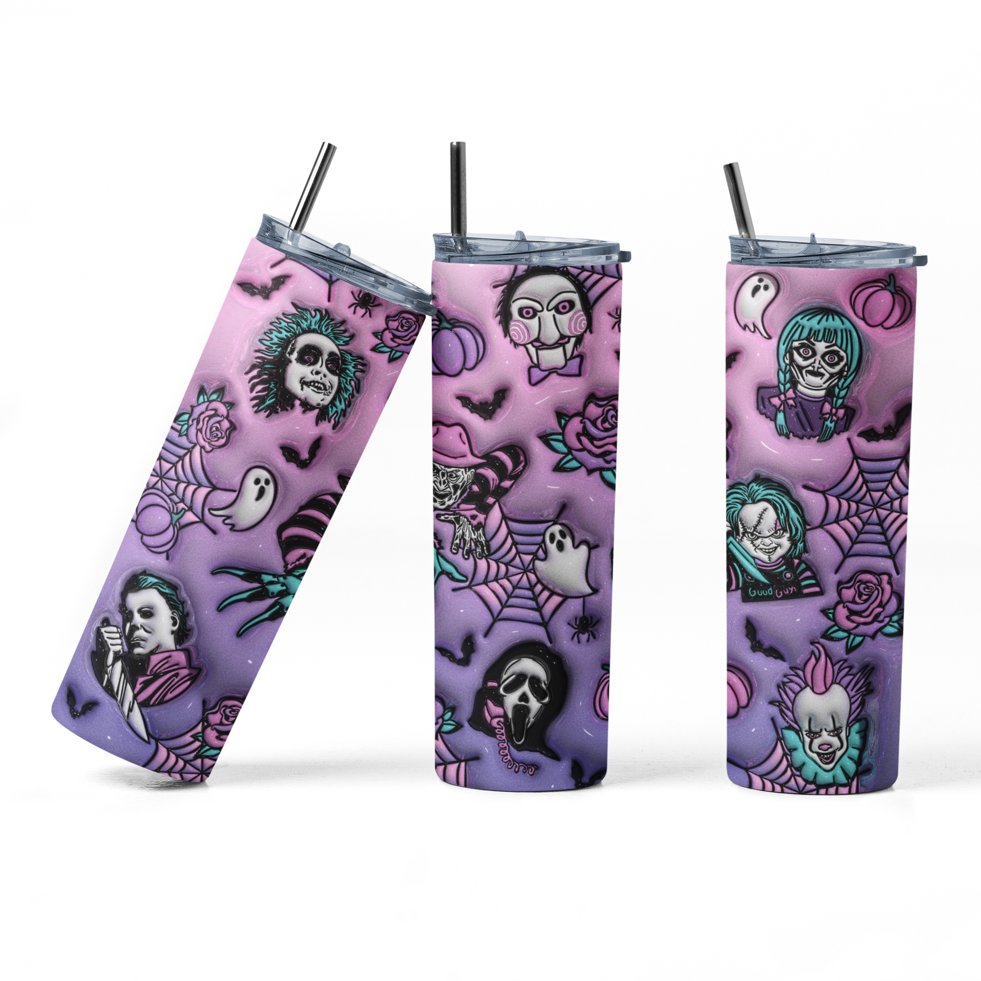 Three views of a tall skinny tumbler with a clear lid and black straw, covered in a Halloween-themed print featuring ghosts, skulls, bats, spiders, roses, and pumpkins on a purple and pink background.