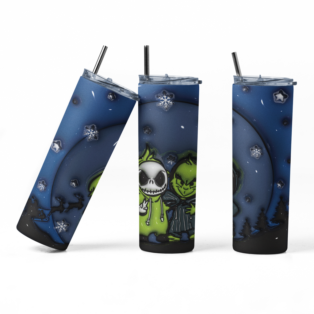 Three views of a skinny tumbler with a dark blue and black night-sky design, featuring Jack Skellington and Sally from The Nightmare Before Christmas, along with snowflakes and a clear lid with a black straw.