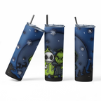 Three views of a skinny tumbler with a dark blue and black night-sky design, featuring Jack Skellington and Sally from The Nightmare Before Christmas, along with snowflakes and a clear lid with a black straw.