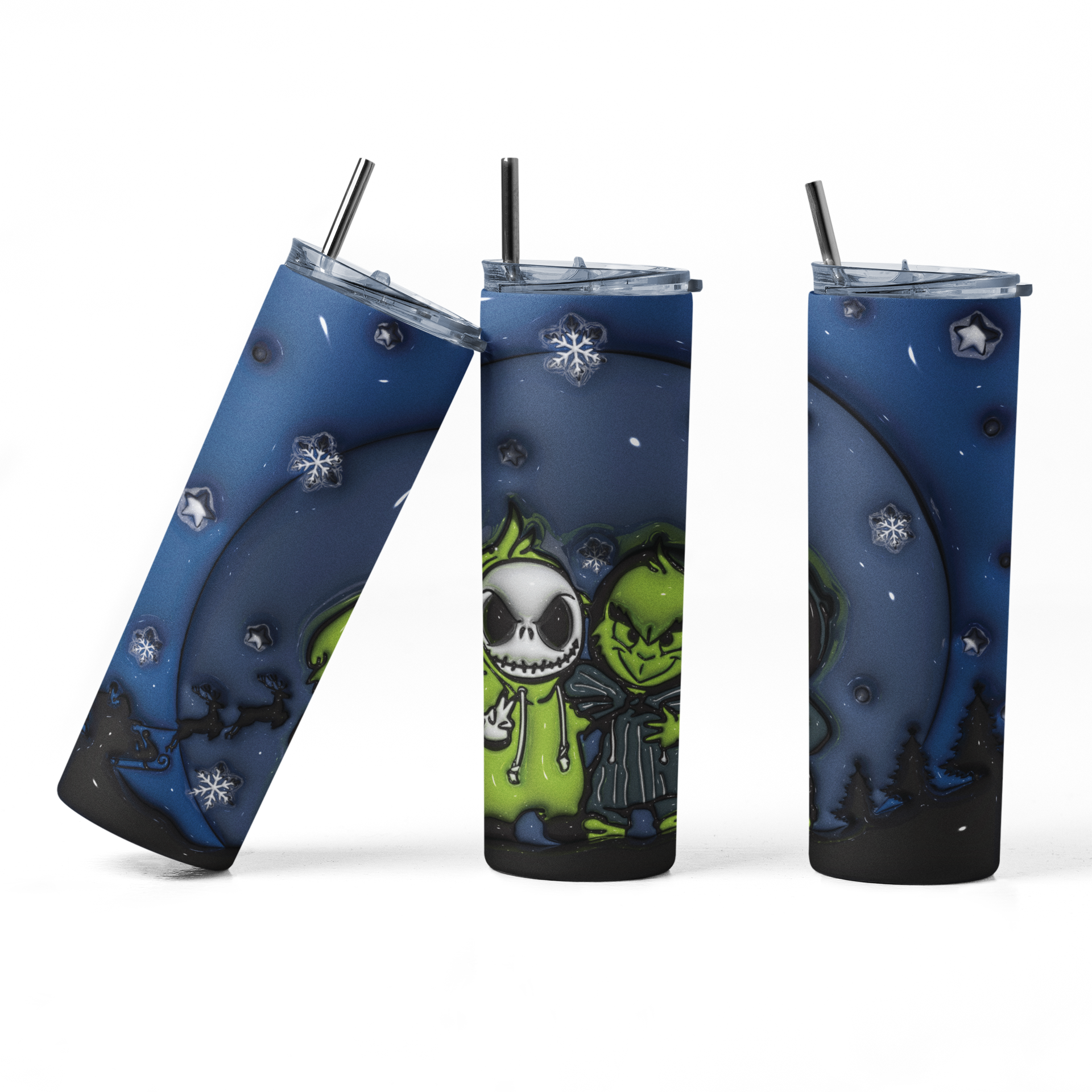 Three views of a skinny tumbler with a dark blue and black night-sky design, featuring Jack Skellington and Sally from The Nightmare Before Christmas, along with snowflakes and a clear lid with a black straw.